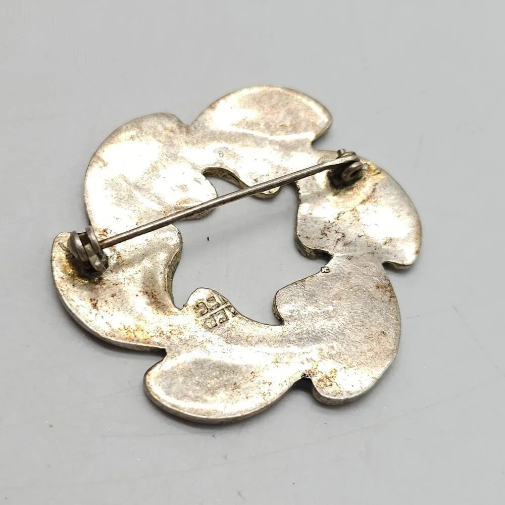 Vintage Brooch Mexico Alpaca Silver Tone Abalone Mother of Pearl